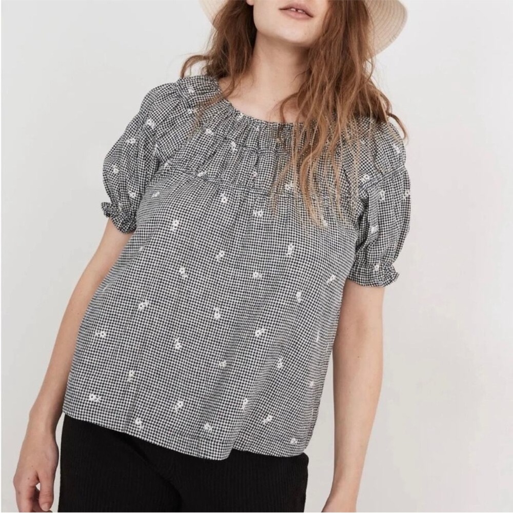 Madewell Embroidered Floral Gingham Ruffle Sleeve Peasant Top Black White M $88